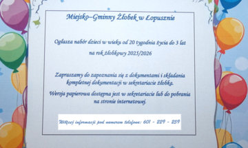 Zdjęcie do aktualności Nabór dzieci w Miejsko – Gminnym Żłobku w Łopusznie