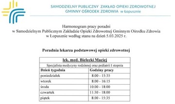 Zdjęcie do aktualności Harmonogram pracy poradni w Samodzielnym Publicznym Zakładzie Opieki Zdrowotnej Gminnym Ośrodku Zdrowia w Łopusznie