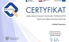 Gmina Łopuszno otrzymała prestiżowy „Certyfikat Znaku Jakości Ekonomii Społecznej i Solidarnej 2022”