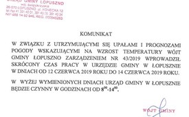 Skrócony czas pracy w Urzędzie Gminy w Łopusznie w dniach 12-14.06.2019