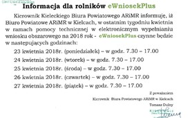 Informacja dla rolników eWniosekPlus - 17.04.2018