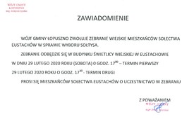 ZEBRANIE WIEJSKIE MIESZKAŃCÓW SOŁECTWA EUSTACHÓW W SPRAWIE WYBORU SOŁTYSA - 29.02.2020