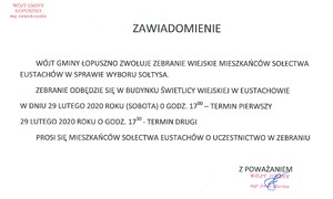 zdjecie na stronie o tytule: ZEBRANIE WIEJSKIE MIESZKAŃCÓW SOŁECTWA EUSTACHÓW W SPRAWIE WYBORU SOŁTYSA - 29.02.2020